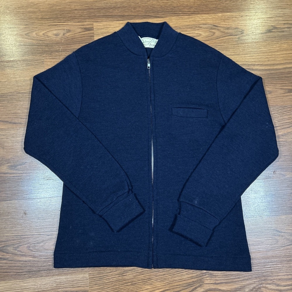 Vintage 50s 60s Sarby Johnny Coat 100% Wool Zip Up Cardigan Sweater Navy Sz 40 S